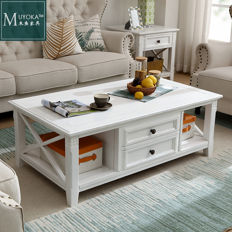 American countryside white wax wood white living room Double-sided drawer solid wood tea table retro made of old simplicity several tables-Taobao