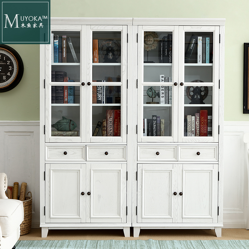 American Countryside White Wax Wood Solid Wood Double Door Bookcase With Splicing Bookcase Bookcase-Taobao