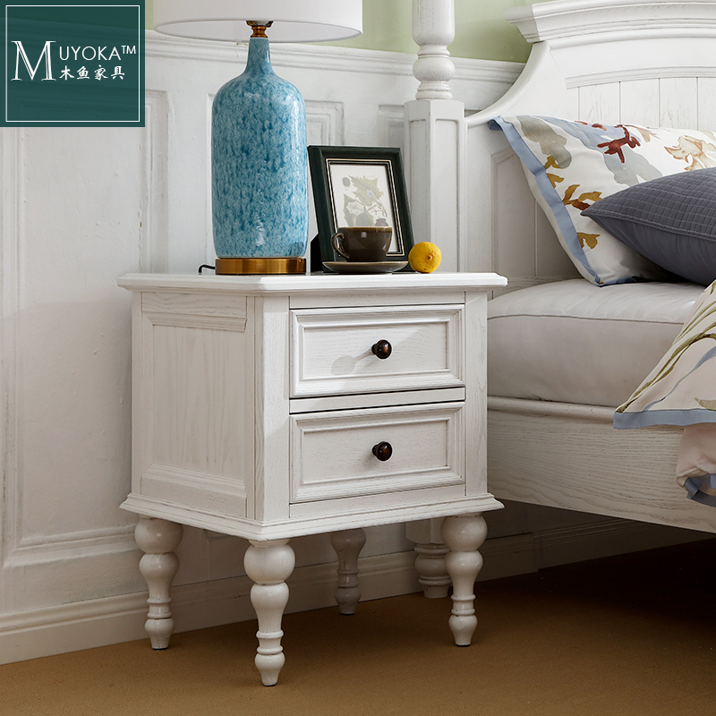 American countryside white wax wood white Roman column double drawer bed head cabinet bedroom bedside cabinet-Taobao