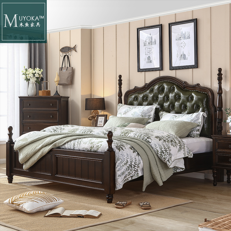 American solid wood double bed 1 8 m optional color Soft leaning bed genuine leather oil wax leather real wood bed black walnuts color-Taobao