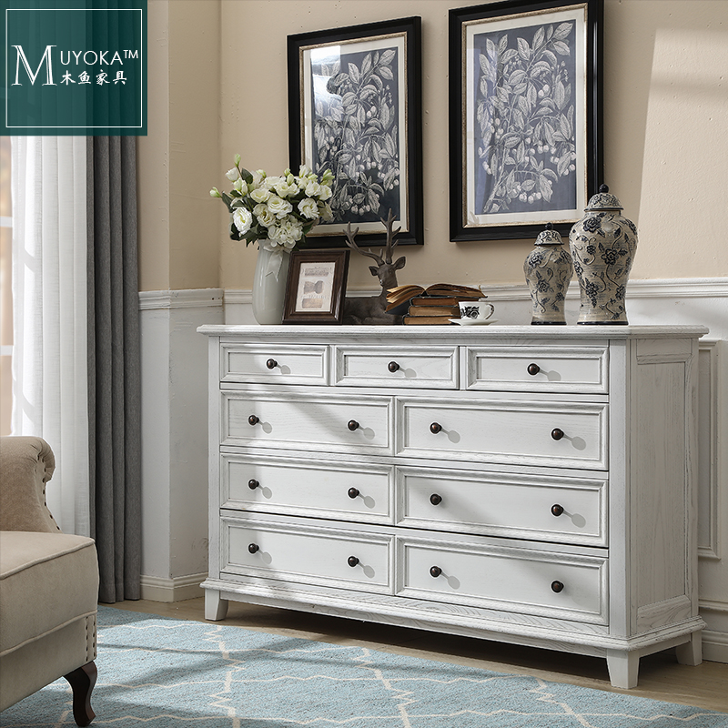 Solid wood Jiudou cabinet American white cupboard Bedroom containing cabinet Side Cabinet Hyun Guan Cabinet American Furniture Solid Wood White Wax Wood