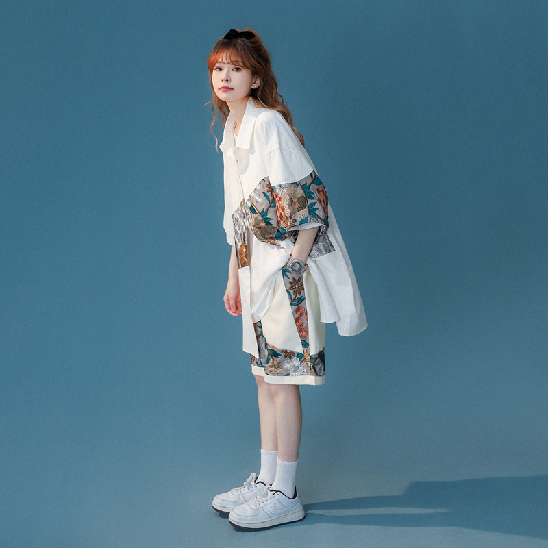 Forest Style Short-Sleeved Shirt for Women, Summer Embroidered Patchwork Set, Loose Oversize Design, Vintage Women's Shirt