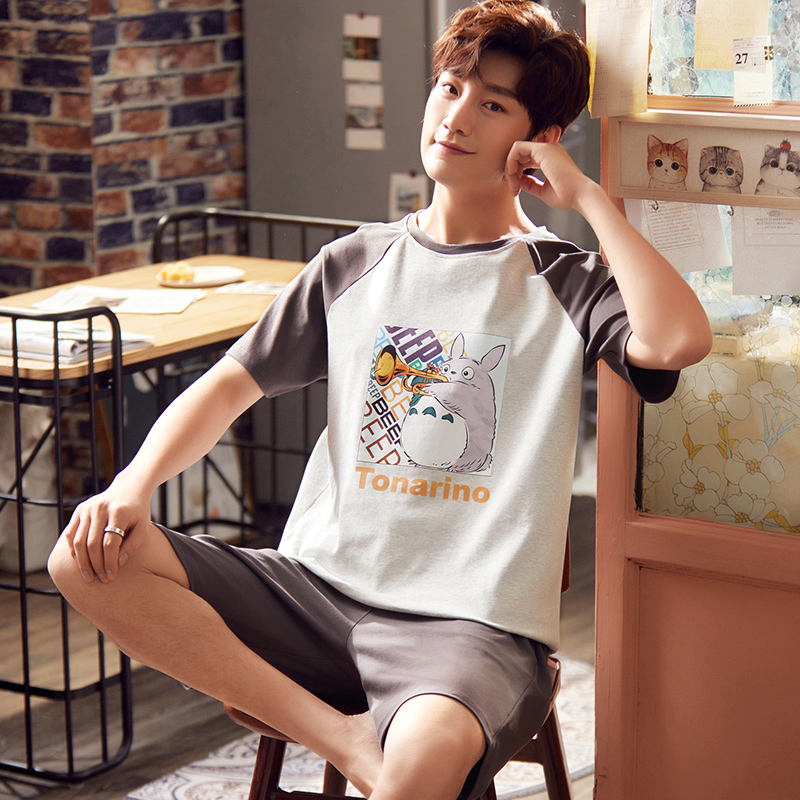 Summer mens đồ ngủ mỏng đồ ngủ cotton mens ngắn tay bông phim hoạt hình quần áo nhà chất béo cộng với kích thước quy định.