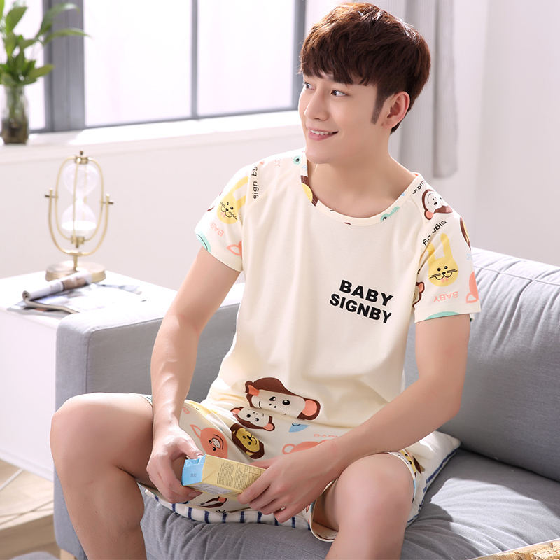 Mens đồ ngủ cotton mùa hè quần short phim hoạt hình sinh viên trẻ mỏng bông nhà quần áo mùa hè phù hợp.