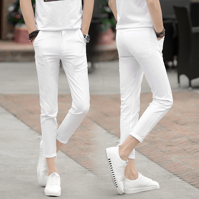 White Nine-Point Pants for Men, Slim Fit, Tapered Casual Pants, Men's Stretchy Youth Pants, Nine-Point Pants, Thin Pants for Men