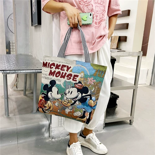 Шоппер для отдыха, сумка на одно плечо, барсетка, льняная сумка, мультяшный тканевый мешок, с вышивкой