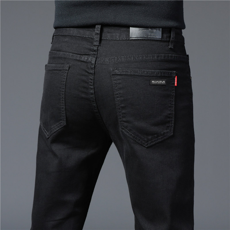 Hong Kong Autumn and Winter High-End Non-Fading Black Fleece-Lined Jeans Men's Slim Straight Elastic Casual Long Pants Hong Kong Autumn and Winter High-End Non-Fading Black Fleece-Lined Jeans Men's Slim Straight Elastic Casual Long Pants