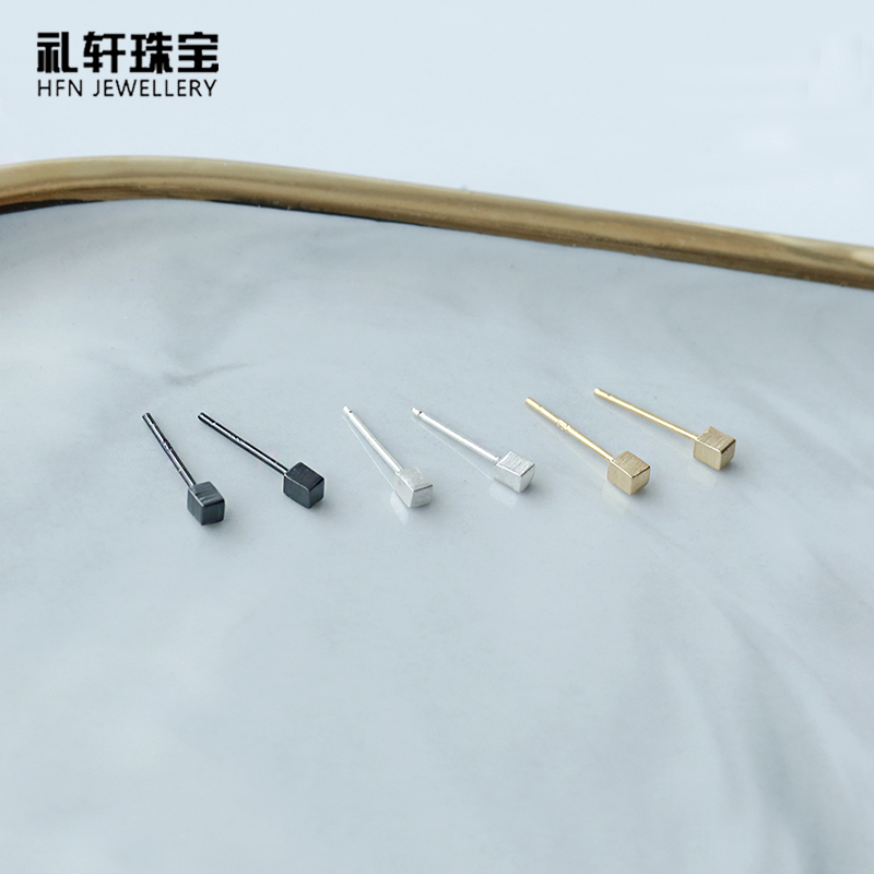 925 Stereo silver square ear nails to sleep without picking ear holes personality ear decoration