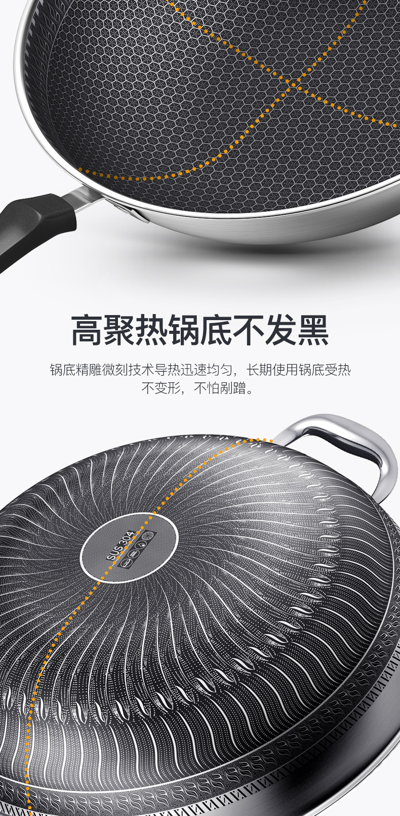 炊尚 316不锈钢 全面屏蜂巢不粘炒锅 图6