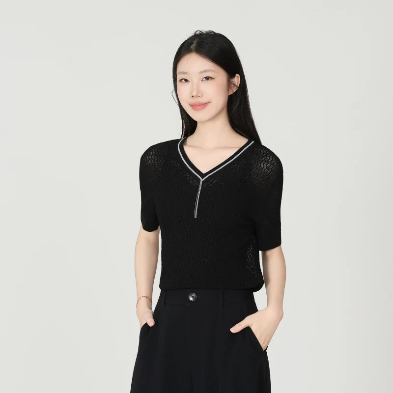 Ama's Official Website Women's Clothing 2026 Summer New Authentic Fashion V-Neck Hollow-Out Visible-Stitch Knit Short-Sleeve T-Shirt 538126