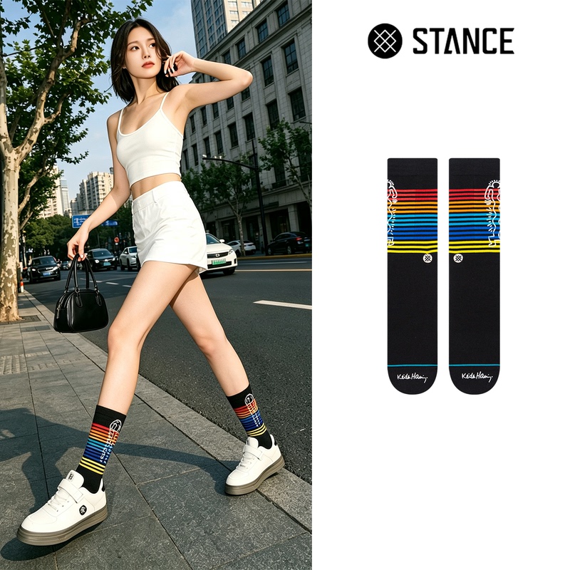 Stance×Keith Haring Collaboration Graffiti Art Colorful Line Mid-Calf Socks for Men and Women, Comfortable Casual Socks