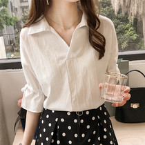 oioi mmlg white shirt Womens thin summer loose stripes Joker design sense chiffon mid-sleeve shirt tide