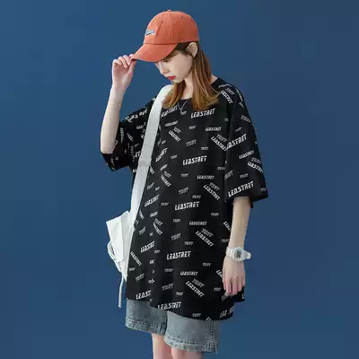 oioi mmlg Harajuku style letter full printing T-shirt women's short-sleeved summer European and American loose couple round neck hip-hop top