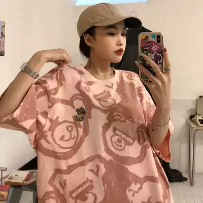 oioi mmlg Harajuku wind bear full printed short sleeve T-shirt female ins summer loose casual round neck half sleeve top