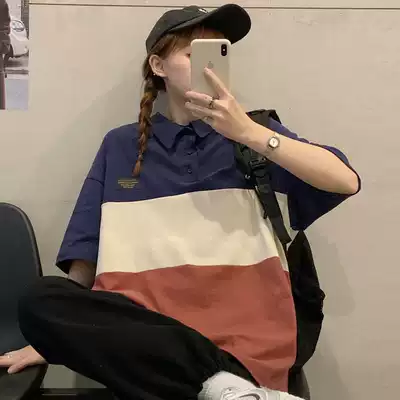 oioi mmlg summer short sleeve T-shirt female ins Tide brand loose simple letter striped color lapel collar polo shirt