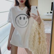 oioi mmlg tide brand t-shirt womens summer thin and wild in the long smiley face loose round neck white base short-sleeved