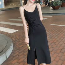 oioi mmlg sling dress female Hepburn style summer temperament thin black split with bottom long skirt