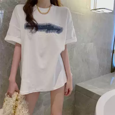 oioi mmlg summer white T-shirt female Korean version Loose medium and long letter print round collar with base short sleeve