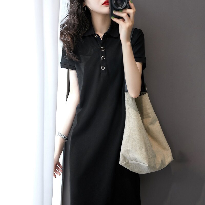Polo collar dress women's 2021 summer new fashion age-reducing sports style casual medium-long slim-fit small black dress