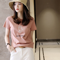 Short sleeve T-shirt female 2021 summer new wild loose simple embroidery letter round neck bottom half sleeve top tide tide