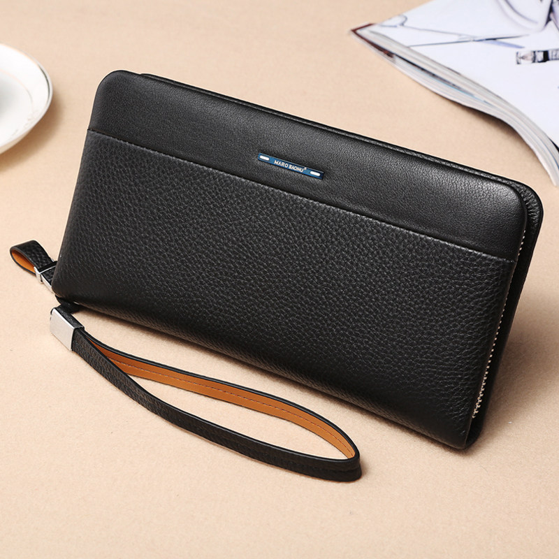 Manbaonu Men's Handbag Long Wallet Casual Business Men's Zipper Cowhide Clutch Bag Leather Bag Men's Bag Clutch