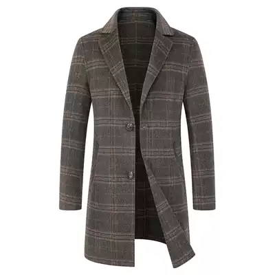 Double-sided wool coat men's medium and long version of autumn and winter Korean casual tartan coat cashmere-free coat