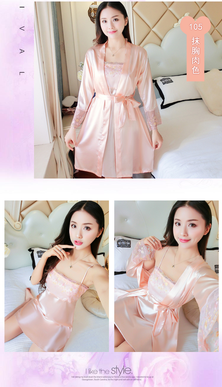 Váy lụa mới mùa hè nữ ren đỏ sling đồ ngủ mỏng phụ nữ mùa xuân và mùa thu áo choàng lụa gợi cảm hai mảnh váy sát nách