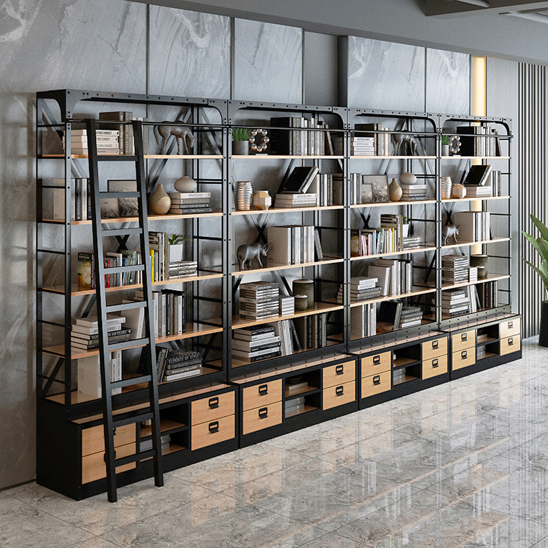 LOFT Nordic Solid Wood Bookshelves Customized American Retro Iron Art Frame Landing Industrial Wind Full Wall Bookshelves