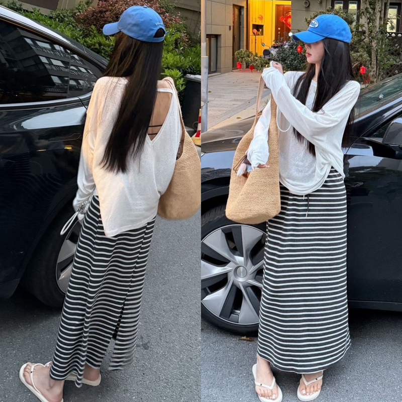 Korean Style Fashion Suit Dress for Women, Hollow-Out Long-Sleeve T-Shirt Blouse, Striped Midi Skirt, Elegant Dress Two-Piece Set, Trendy Korean Style Fashion Suit Dress for Women, Hollow-Out Long-Sleeve T-Shirt Blouse, Striped Midi Skirt, Elegant Dress Two-Piece Set, Trendy