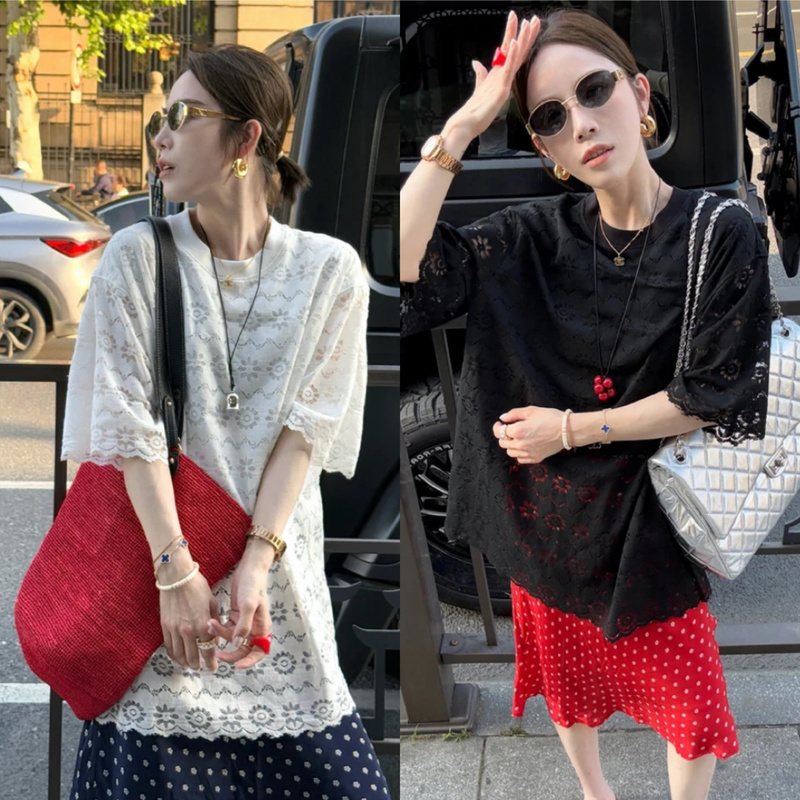 Korean Style Gentle Crochet Hollow Lace T-Shirt for Women 2025 New Slimming Loose Lazy Style Top Trendy