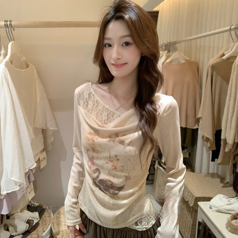 Korean Style Fashionable Gentle Lace Patchwork Long-Sleeve T-Shirt for Women 2026 New Chic Top Trendy Korean Style Fashionable Gentle Lace Patchwork Long-Sleeve T-Shirt for Women 2026 New Chic Top Trendy