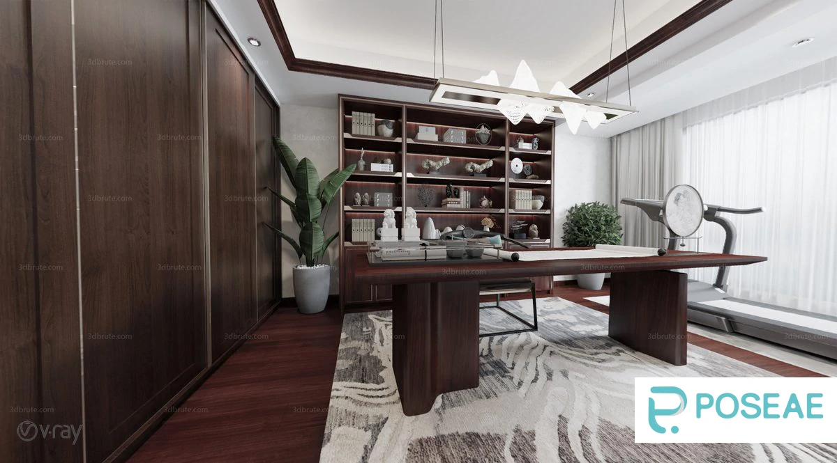 图片[1]-【3D模型】新中式多功能书房（含健身区）3DMAX 模型-PoseAe视频创意库
