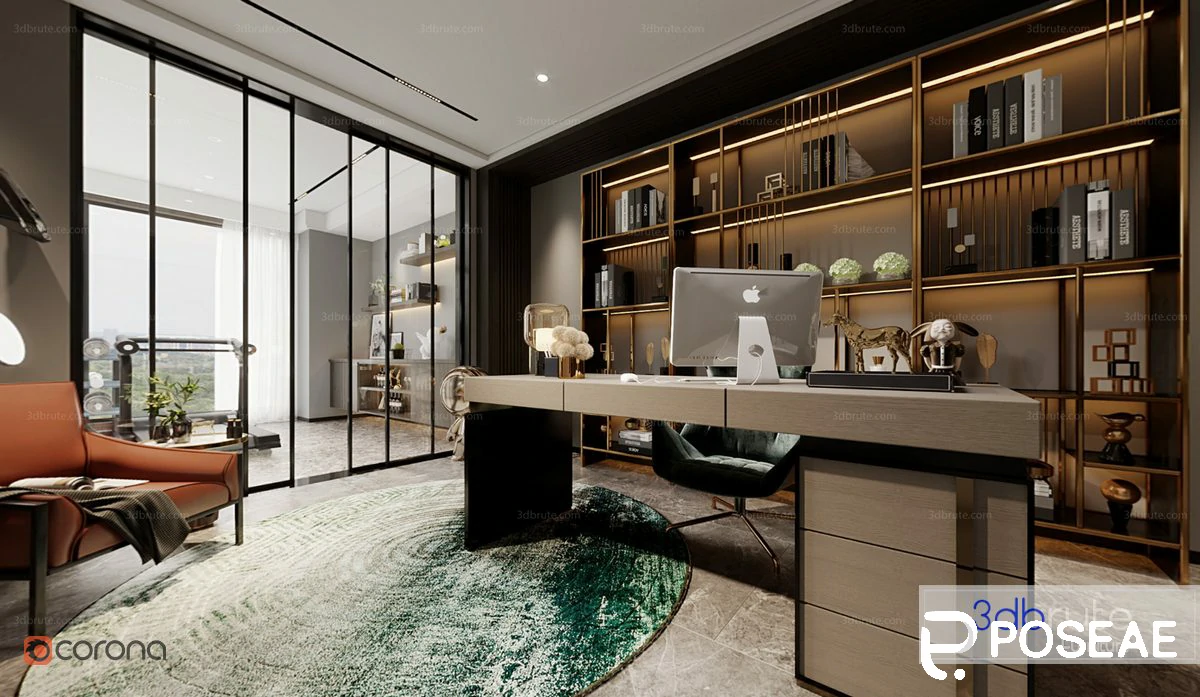 图片[2]-【3D模型】轻奢风书房（带展示柜 + 大玻璃窗）3DMAX 模型-PoseAe视频创意库