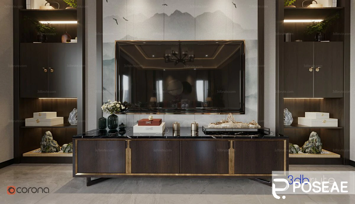 图片[1]-【3D模型】新中式雅致客厅（带茶桌 + 鼓凳）3DMAX 模型-PoseAe视频创意库