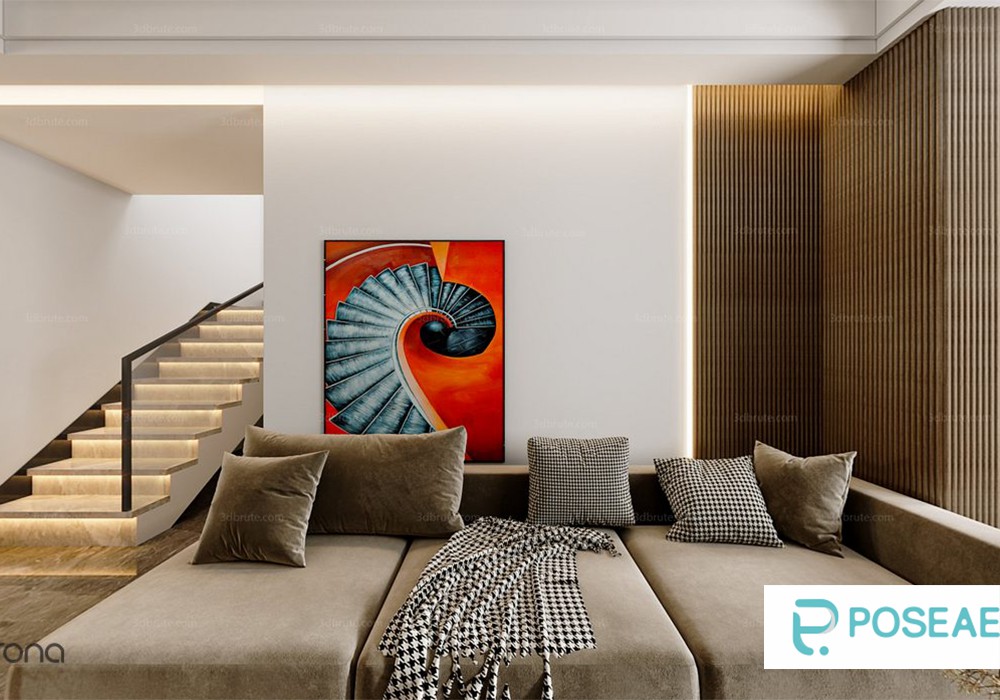 【3D模型】现代简约客厅带楼梯设计 艺术挂画沙发抱枕软装搭配 3DMAX 模型-PoseAe