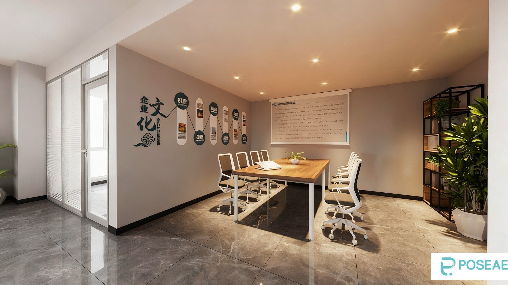 图片[2]-【3D模型】现代简约办公空间设计 原木办公桌文化墙办公椅软装搭配 3DMAX 模型-PoseAe视频创意库