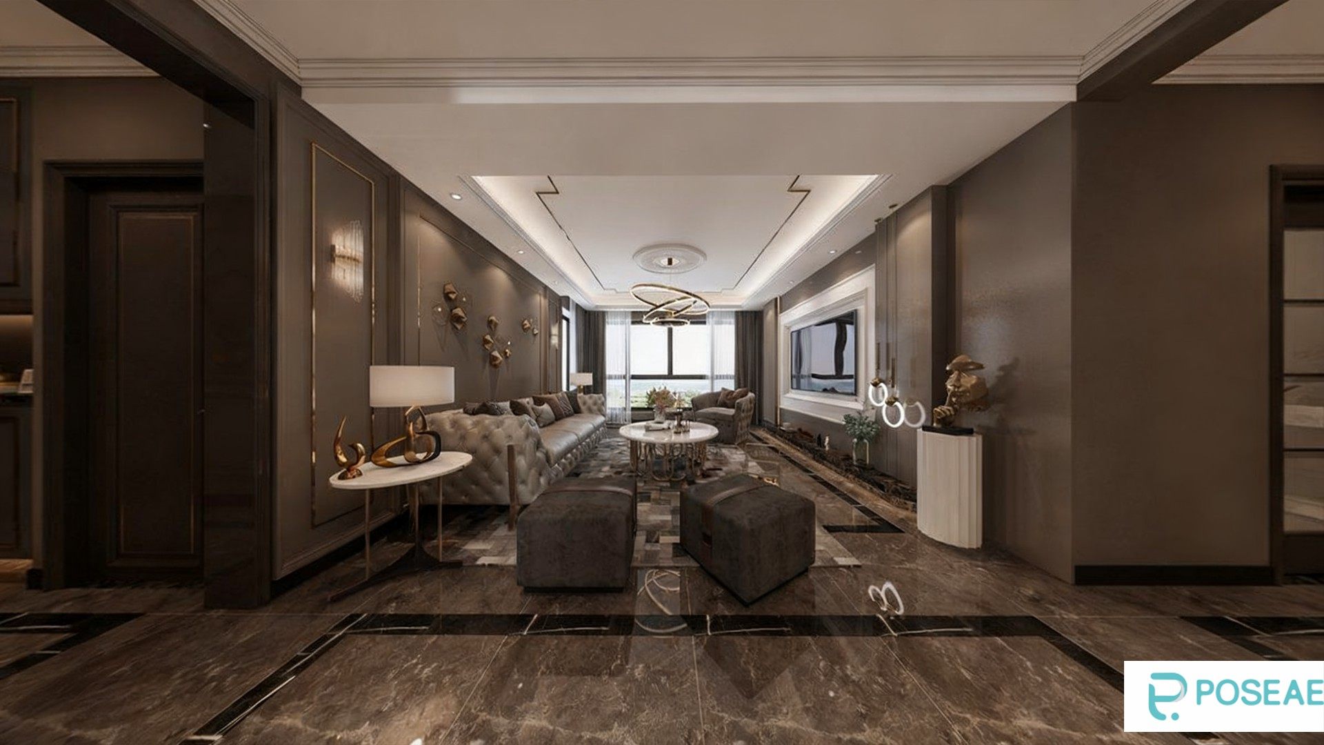 图片[2]-【3D模型】现代奢华餐厨带楼梯设计 环形吊灯大理石餐桌软装搭配 3DMAX 模型-PoseAe视频创意库