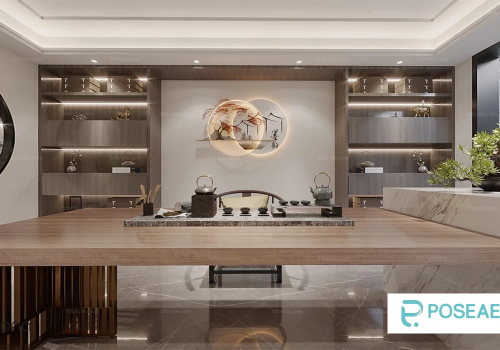 【3D模型】新中式禅意茶室（带收纳柜 + 景观窗）3DMAX 模型-PoseAe