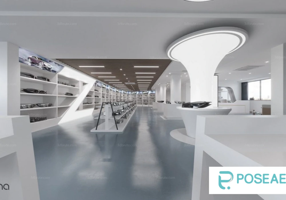 【3D模型】现代科技感汽车配件展厅3DMAX 模型-PoseAe