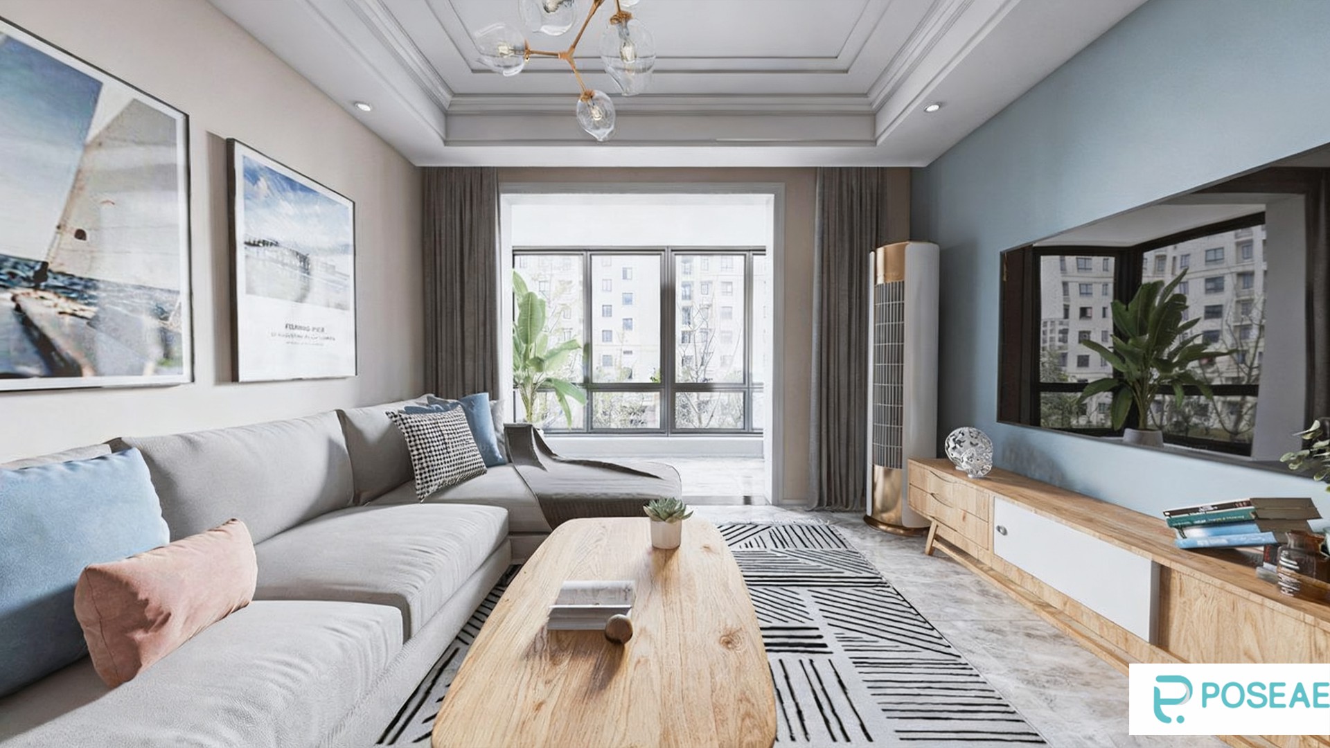 图片[1]-【3D模型】现代清新客厅设计 玻璃吊灯原木茶几几何地毯软装搭配 3DMAX 模型-PoseAe视频创意库