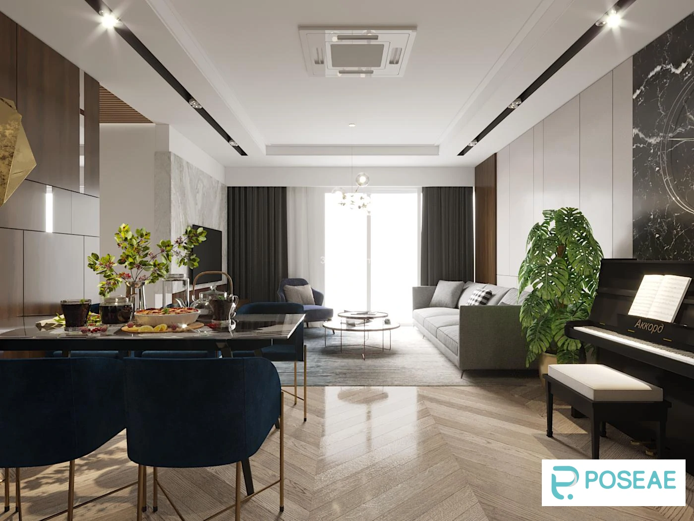 图片[1]-【3D模型】雅致格调客餐厅（钢琴点缀 + 蓝棕撞色）3DMAX 模型-PoseAe视频创意库