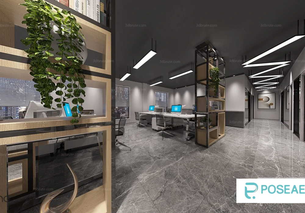 【3D模型】现代工业风办公室(绿植隔断 + 长条灯)3DMAX 模型-PoseAe