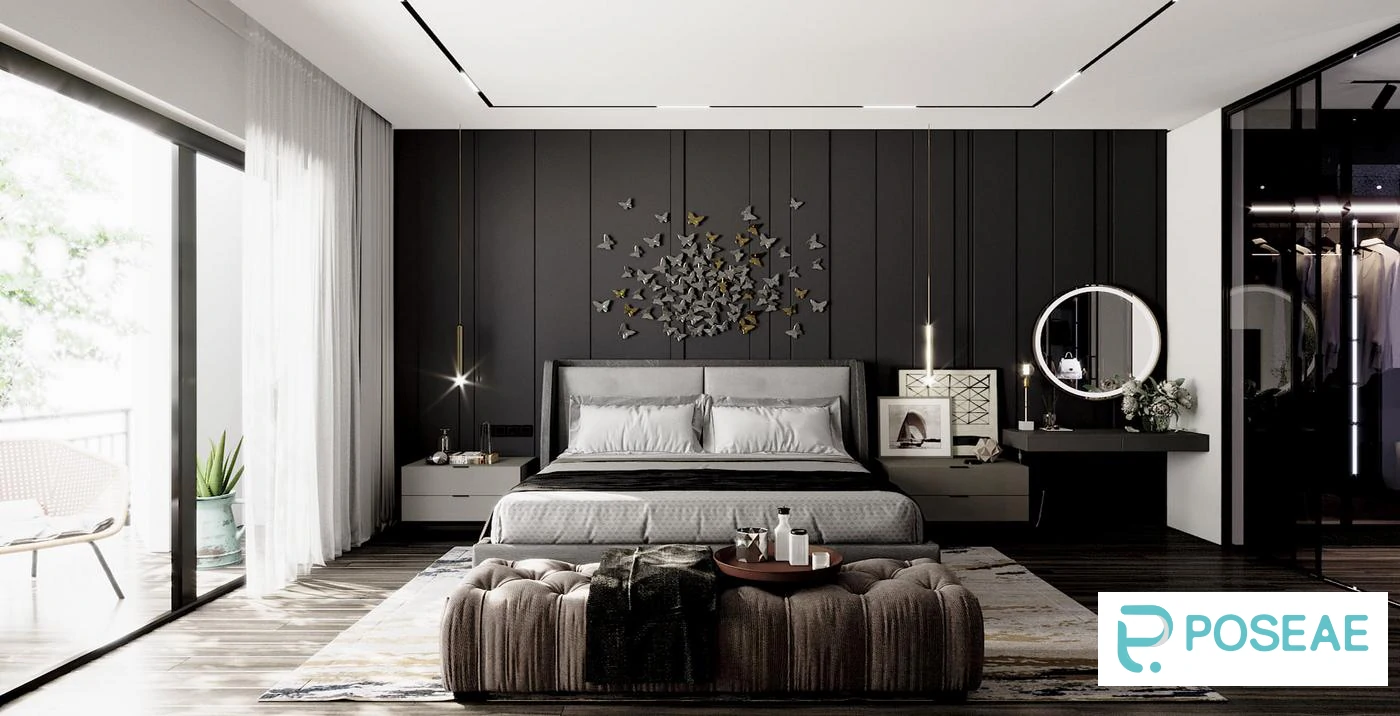 图片[1]-【3D模型】现代轻奢卧室（蝴蝶墙饰 + 玻璃衣帽间）3DMAX 模型-PoseAe视频创意库