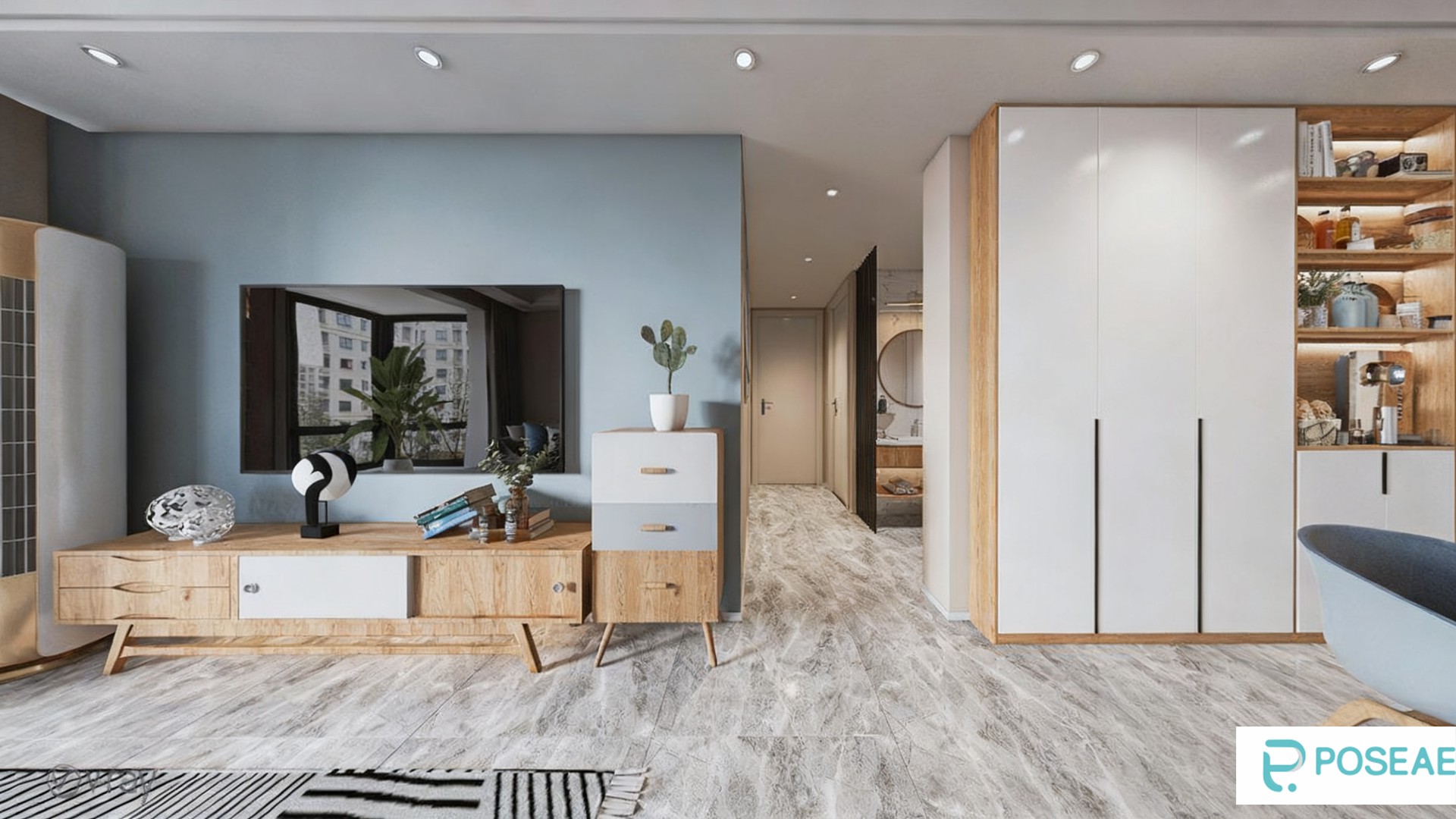 图片[3]-【3D模型】现代清新客厅设计 玻璃吊灯原木茶几几何地毯软装搭配 3DMAX 模型-PoseAe视频创意库