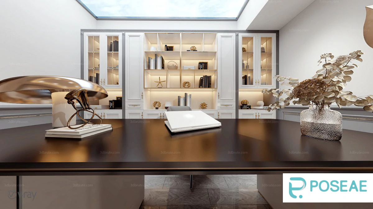 图片[1]-【3D模型】轻奢风带天窗书房（玻璃柜 + 金属摆件）3DMAX 模型-PoseAe视频创意库