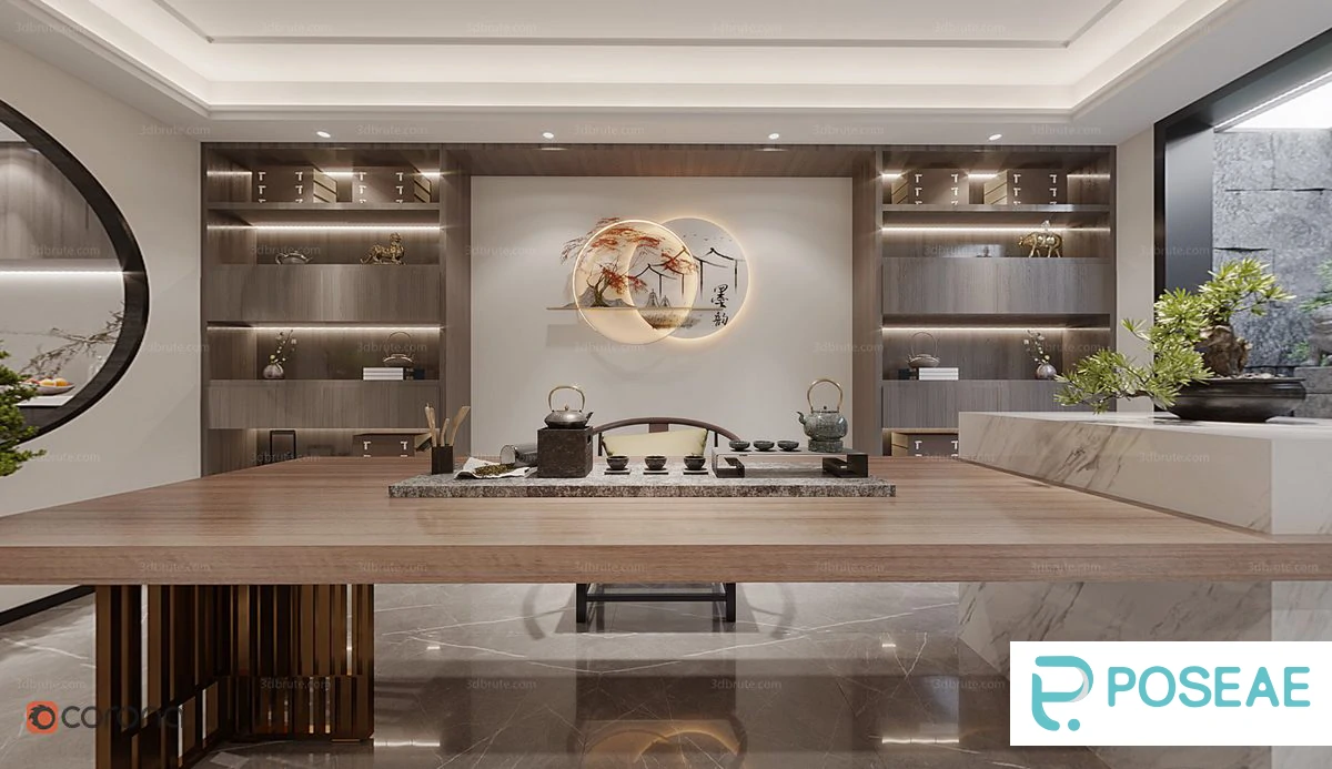 图片[1]-【3D模型】新中式禅意茶室（带收纳柜 + 景观窗）3DMAX 模型-PoseAe视频创意库