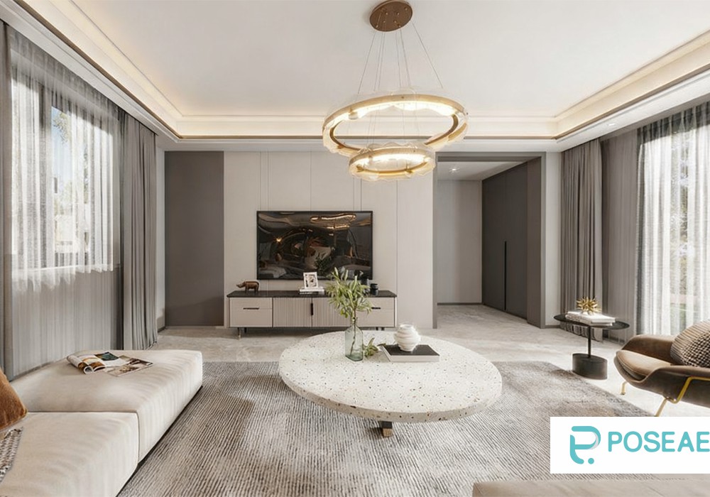 【3D模型】简约雅致客厅（环形吊灯 + 水磨石茶几）3DMAX 模型-PoseAe