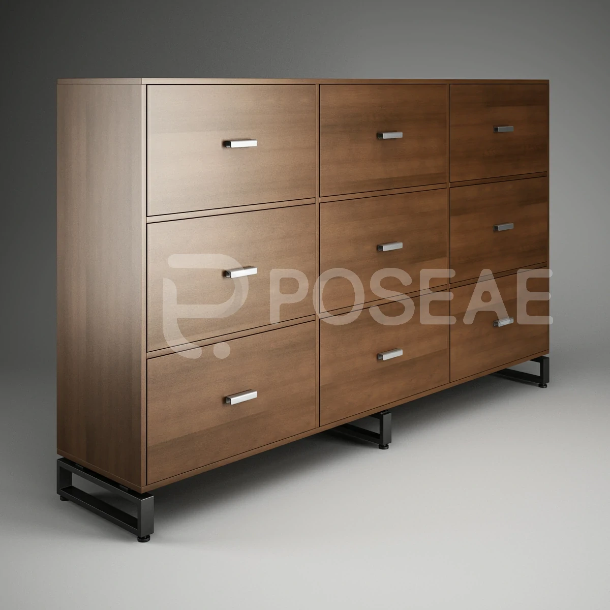 【3D模型】胡桃木色九斗柜 3D 模型-PoseAe
