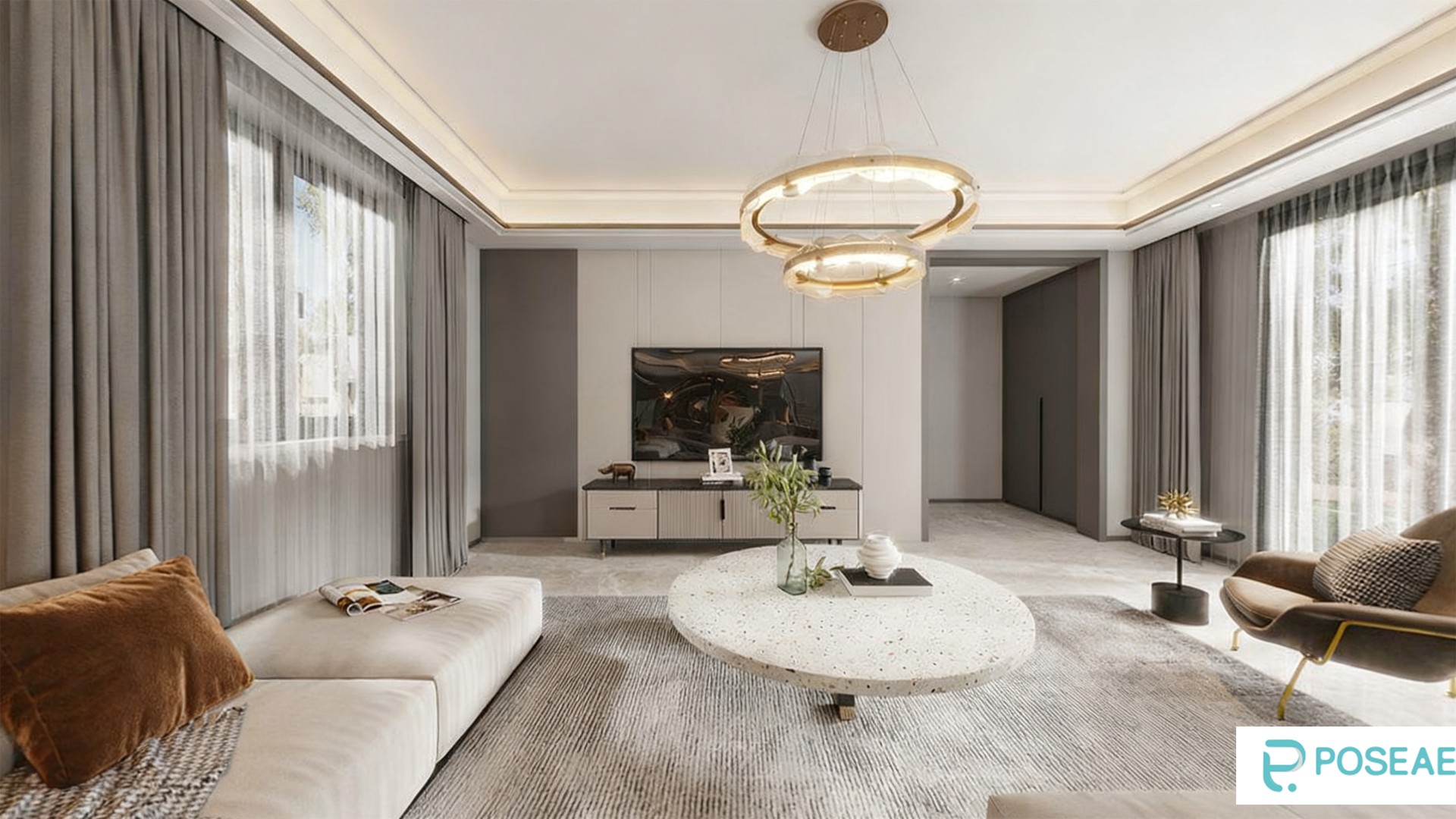图片[1]-【3D模型】简约雅致客厅（环形吊灯 + 水磨石茶几）3DMAX 模型-PoseAe视频创意库