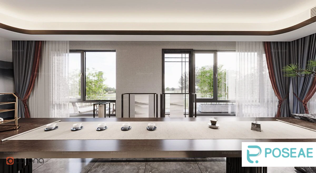 图片[1]-【3D模型】新中式雅致茶室（观景窗 + 禅意布置）3DMAX 模型-PoseAe视频创意库